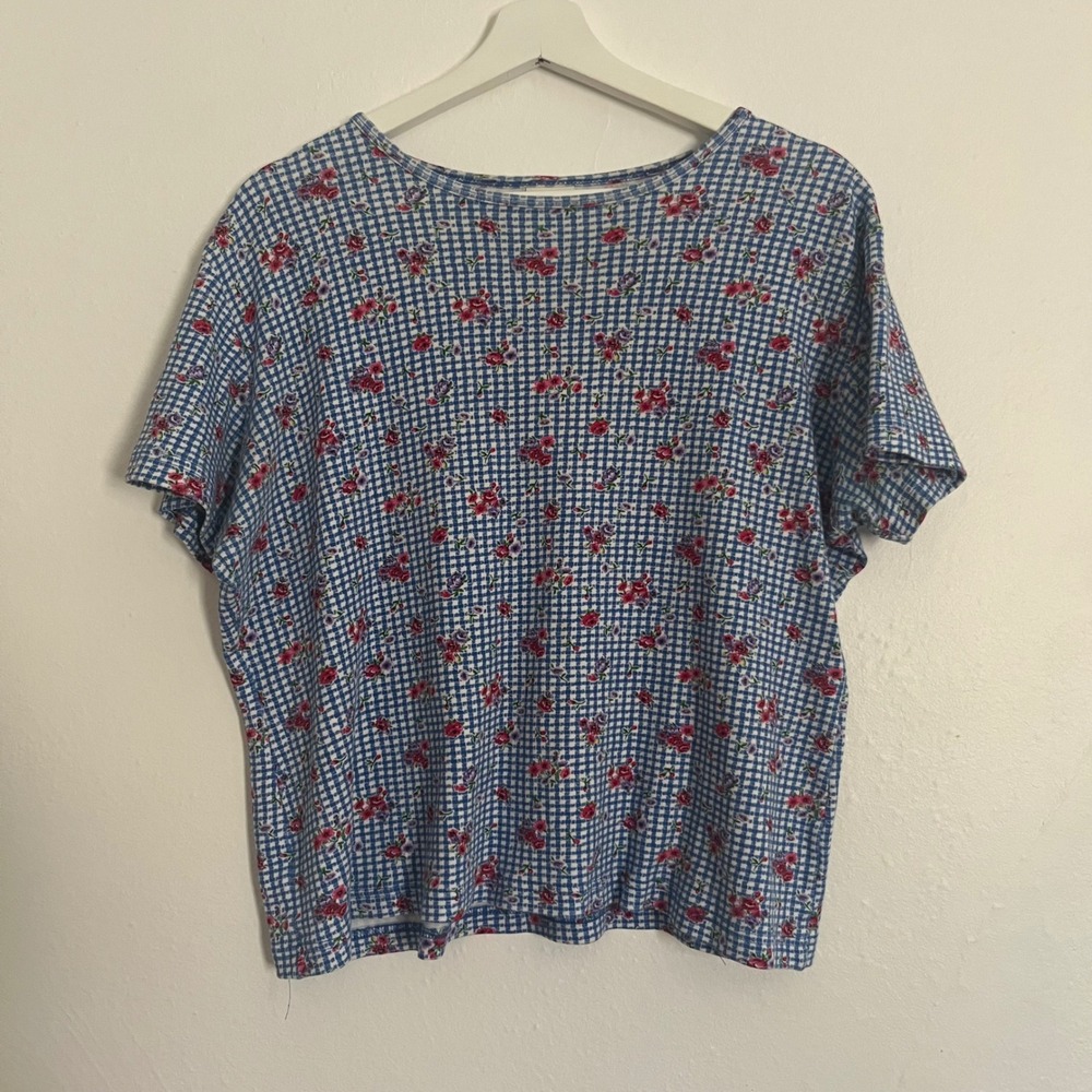 Vintage Cascade Blues Blue White Pink Floral Gingham 100% Cotton Shirt L